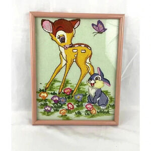 VTG Embroidery Bambi & Thumper Needlework Framed 80's MCM Wall Art 11.5"X14.5"